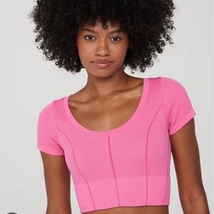 Offline by Aerie Pink Ribbed Cropped Short Sleeve Top